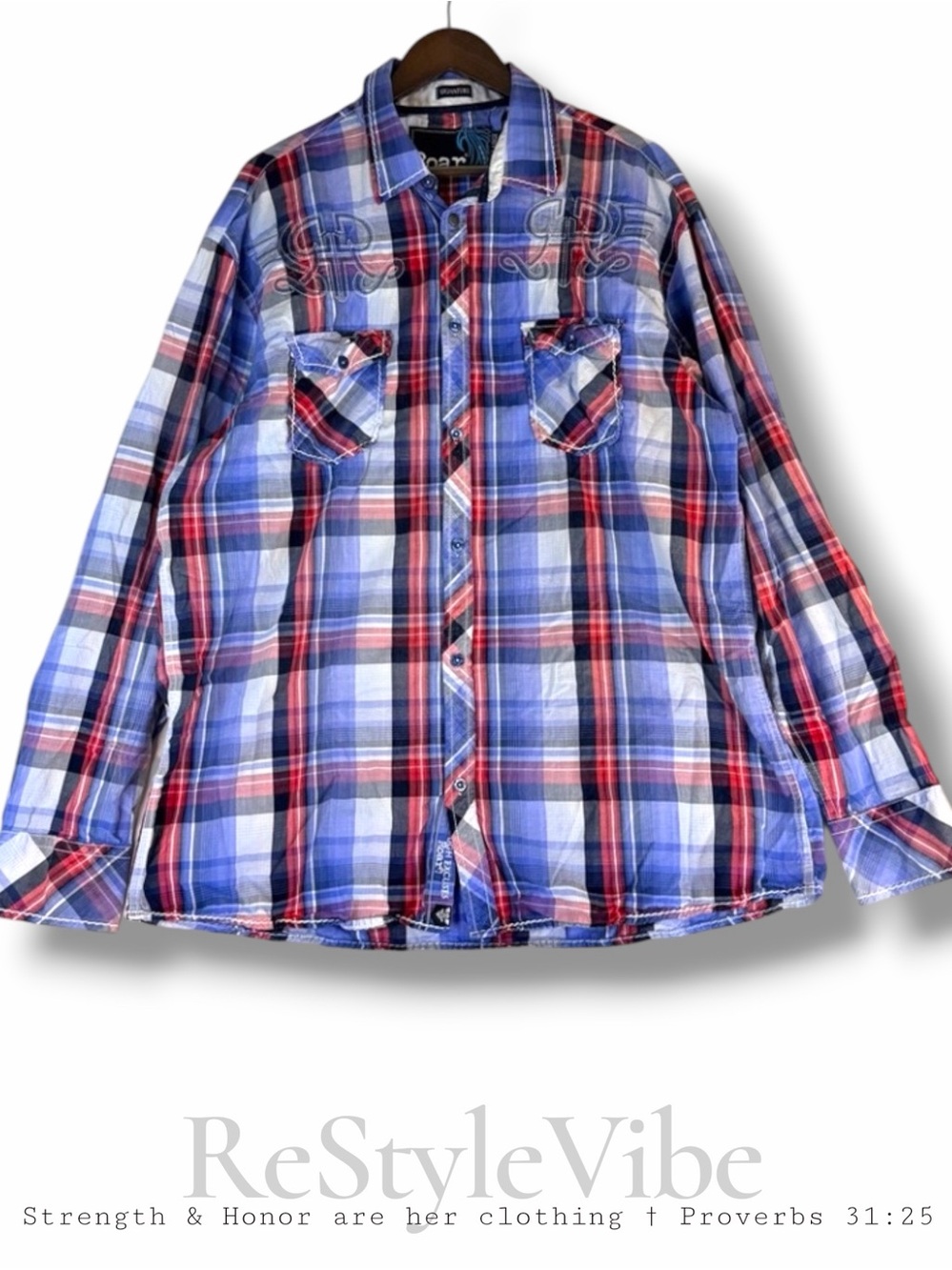 ROAR Men’s Size XXXL Shirt Button Down Long Sleeve Plaid Embroidered Details